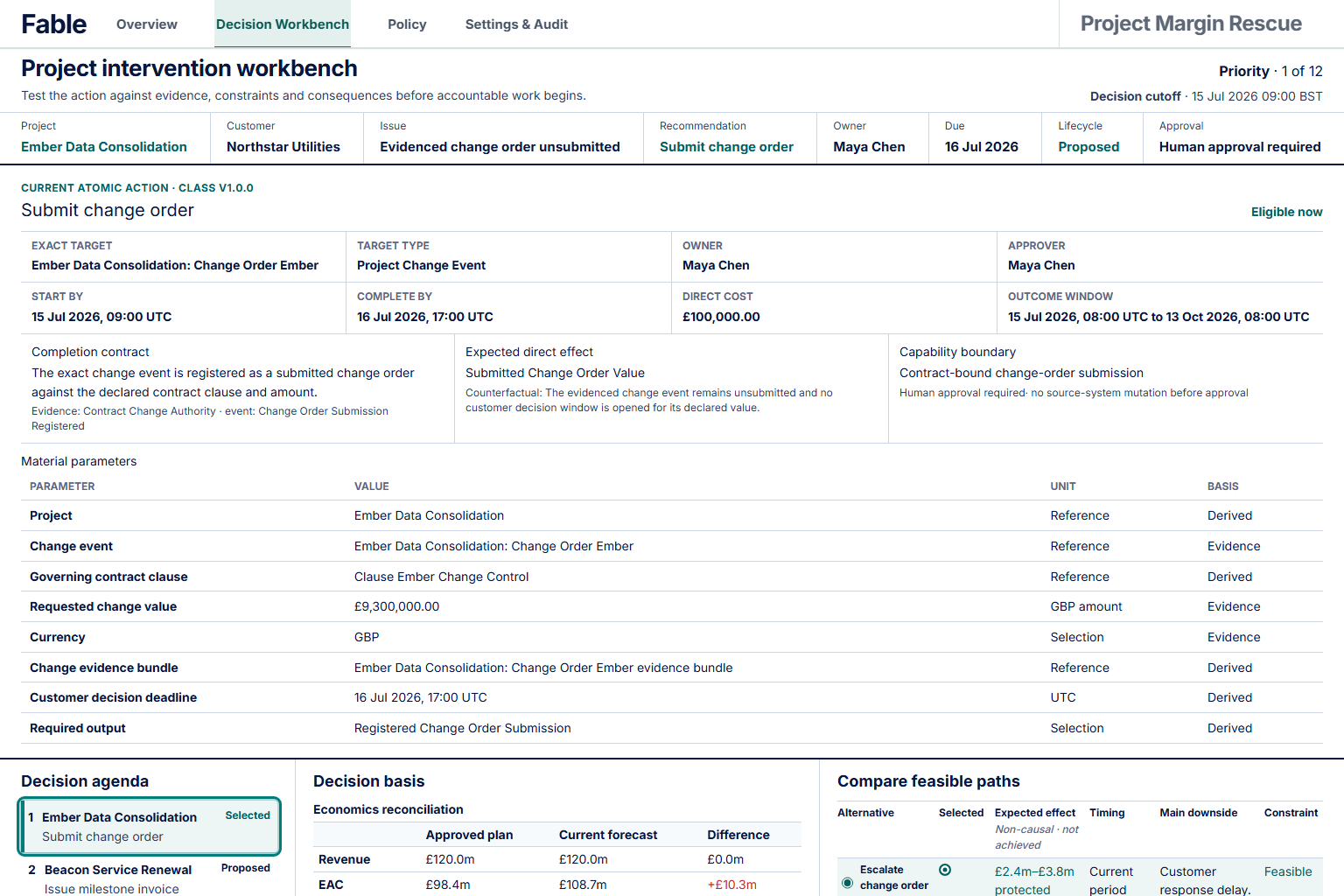 Project Margin Rescue decision workbench showing a selected action, alternatives, forecast distribution and constraints