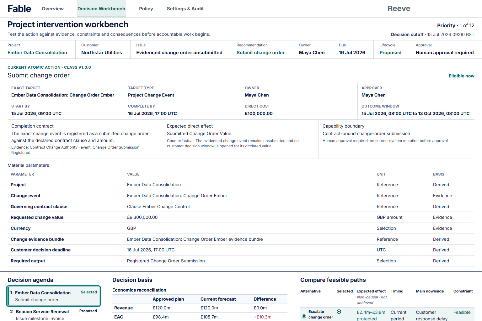 Reeve workbench showing the selected action, alternatives, forecast range and constraints